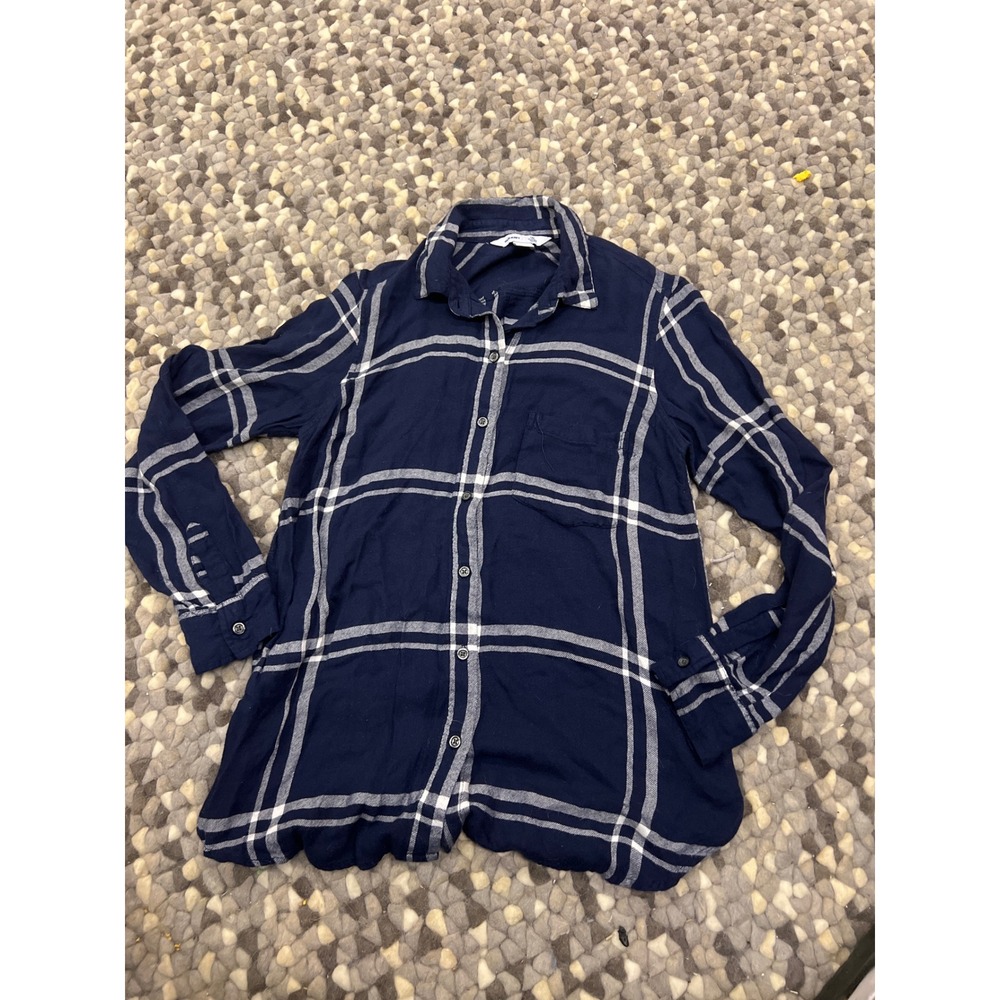 Old Navy Mens‎ Navy Blue White Plaid The Classic Shirt Long Sleeve Rayon Small